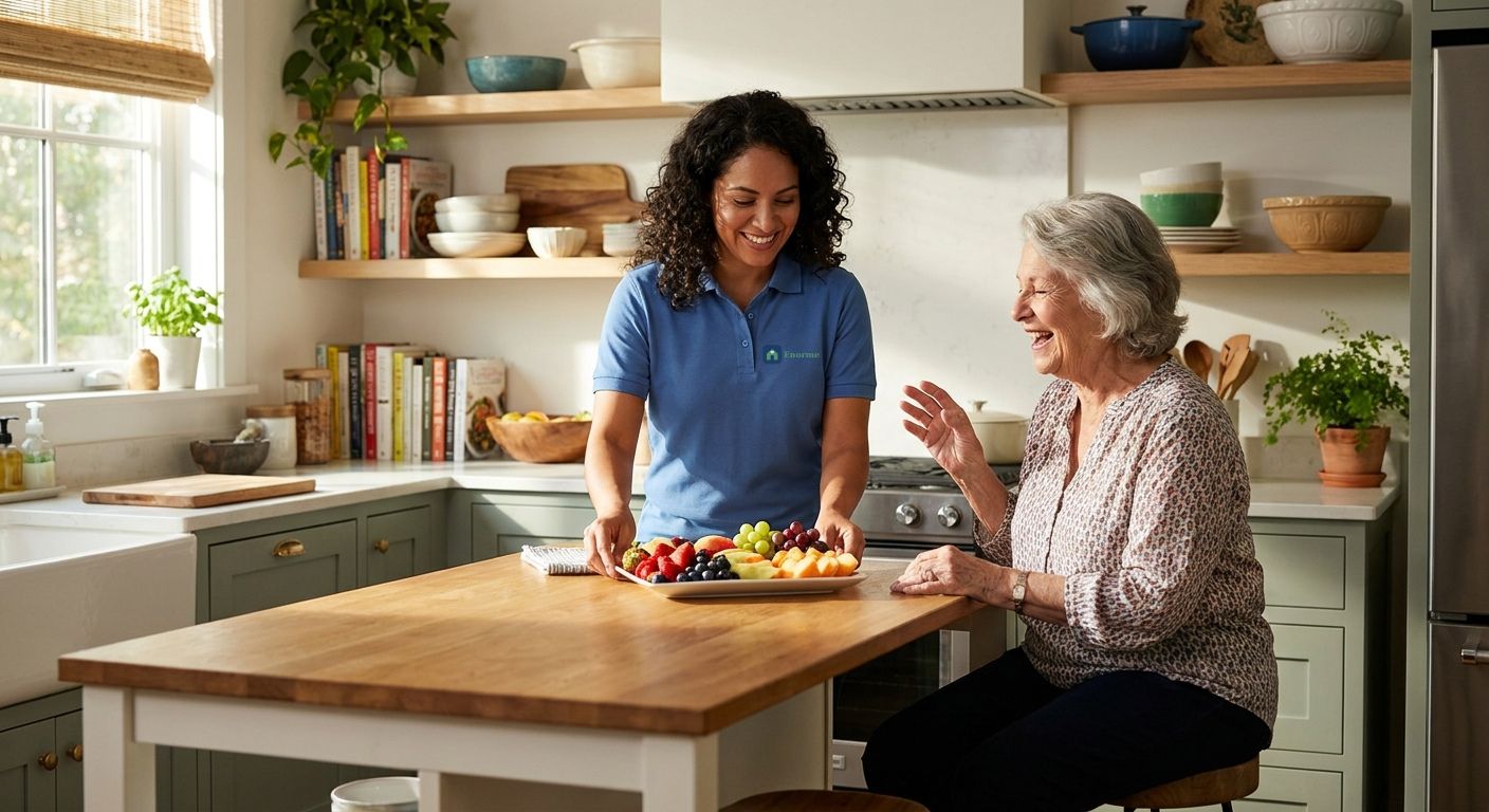 A caregiver and client looking through a photo album