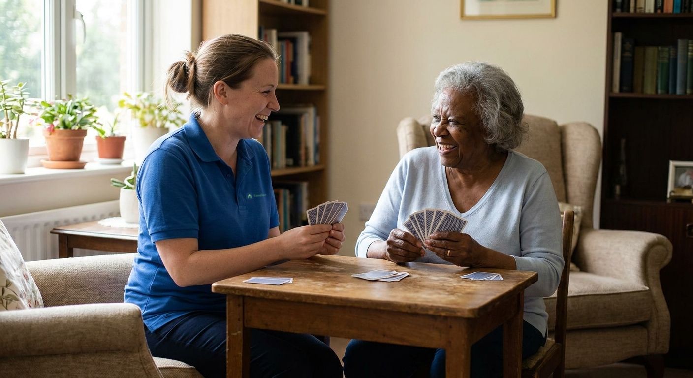 A caregiver and client playing cards together