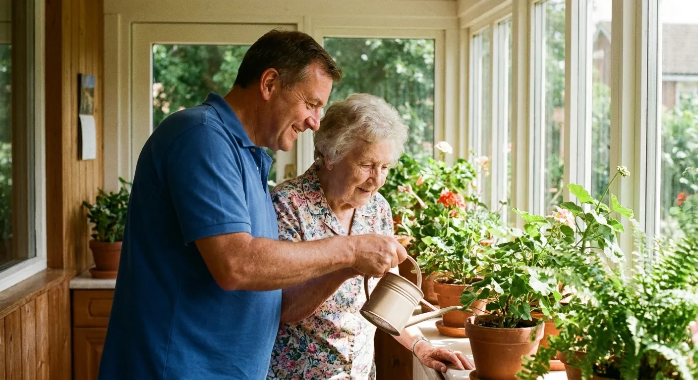 An Enorme caregiver gardening alongside an older client in a sunny backyard